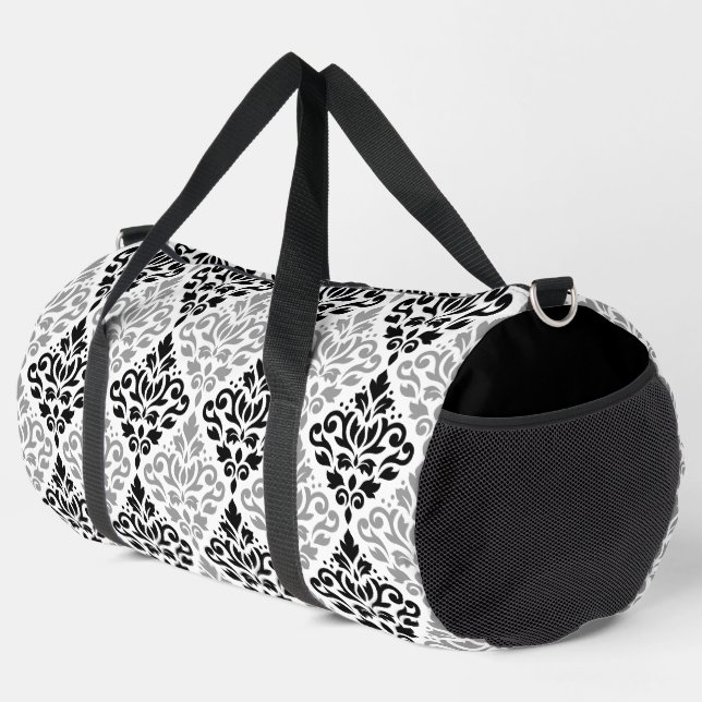 Scroll Damask Muster Schwarz Grau Weiß Duffle Bag (Rechte Ecke)