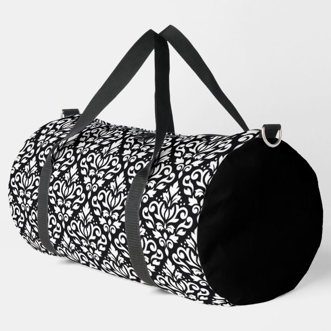 Scroll Damask Muster Weiß auf Schwarz Duffle Bag (Linke Ecke)