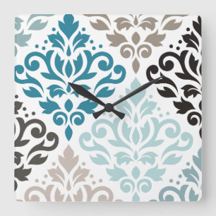 Scroll Damask Offset PDF Kunst Tees Browns White Quadratische Wanduhr
