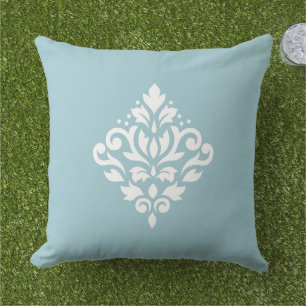 Scroll Damask Weiß auf Blau Kissen