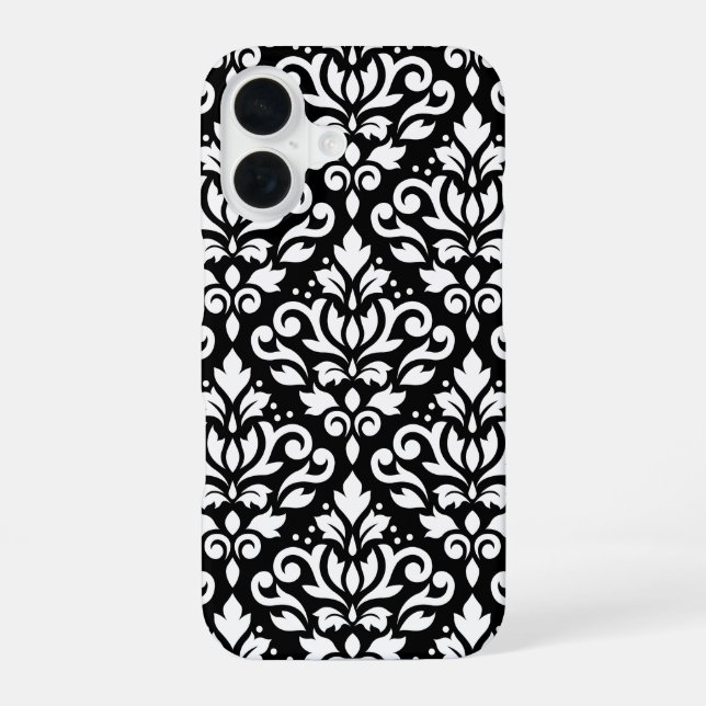 Scroll Damask Weiß auf Schwarz Großes Muster iPhone 16 Hülle (Rückseite)