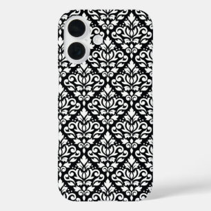 Scroll Damask White auf schwarzem Muster iPhone 16 Hülle