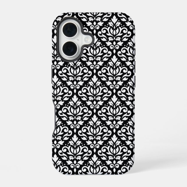 Scroll Damask White auf schwarzem Muster iPhone 16 Hülle (Rückseite)