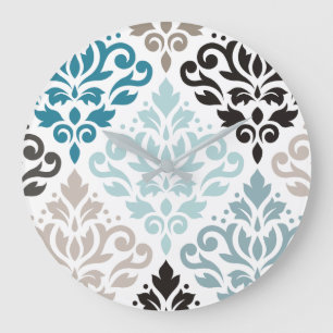 Scroll Damask XLg Muster Teals Browns White Große Wanduhr