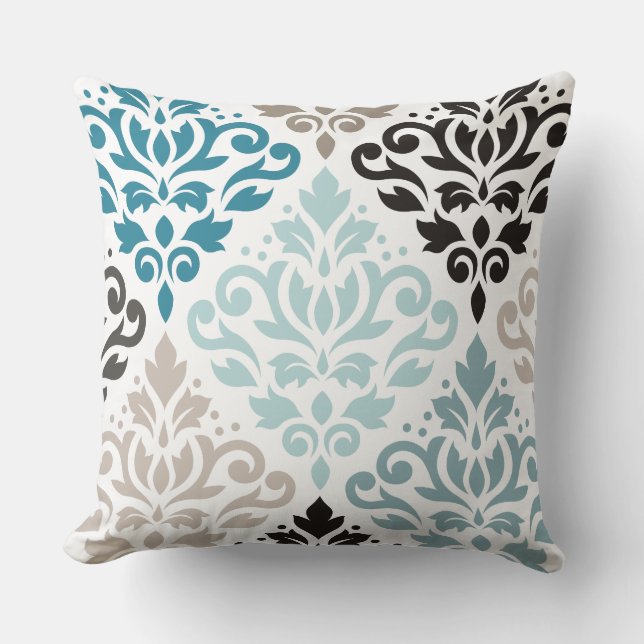 Scroll Damask XLg Muster Teals Browns White Kissen (Vorderseite)