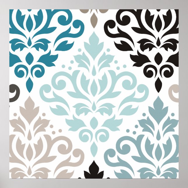 Scroll Damask XLg Muster Teals Browns White Poster (Vorne)