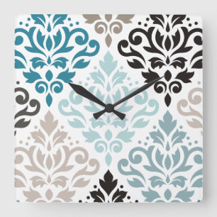 Scroll Damask XLg Muster Teals Browns White Quadratische Wanduhr