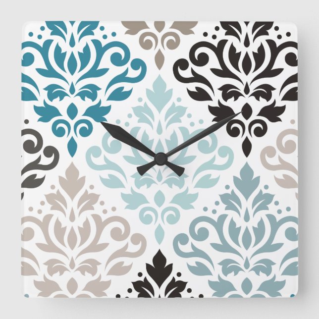 Scroll Damask XLg Muster Teals Browns White Quadratische Wanduhr (Vorderseite)