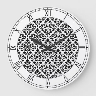 Scroll-Damaskenmuster SW & Ziffern Große Wanduhr