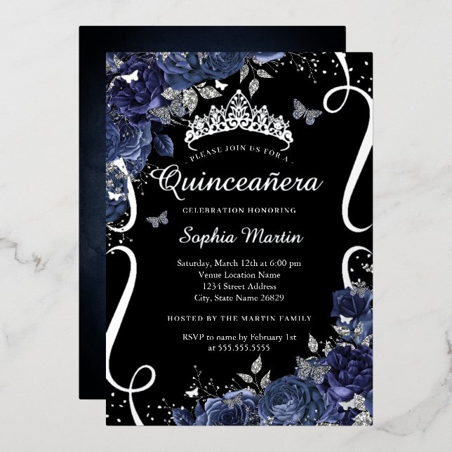 Scroll Floral Butterfly Black Navy Quinceanera Folieneinladung (Vorderseite/Rückseite)