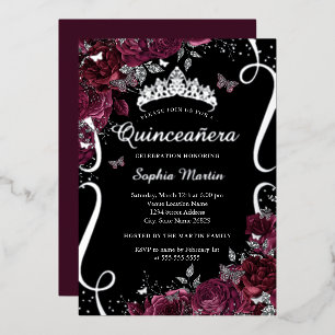 Scroll Floral Elegante Burgundy Quinceanera Folieneinladung