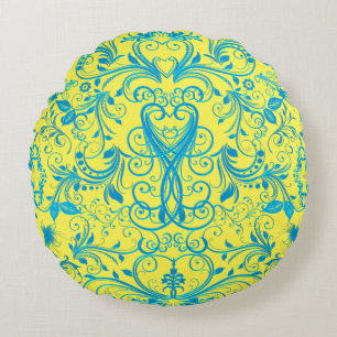 Scroll Work, Blue Round-Throw-Kissen Rundes Kissen