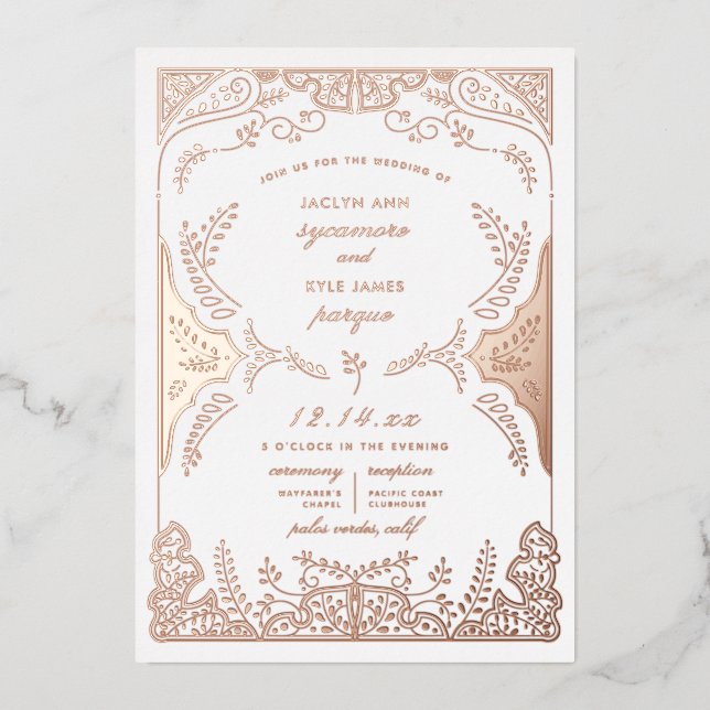 Scrolling Blätter Whimsical Wedding Rose Gold Folieneinladung (Vorderseite)