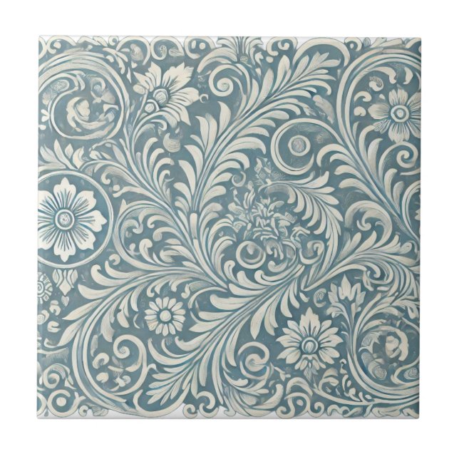 Scrolling Damask Pattern in Soft Blue und Ivory Fliese (Vorderseite)
