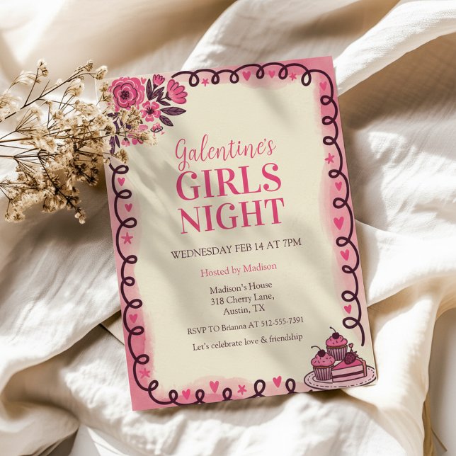 Scrollwork Border Galentine's Invitation Einladung (Pink Watercolor Invite)