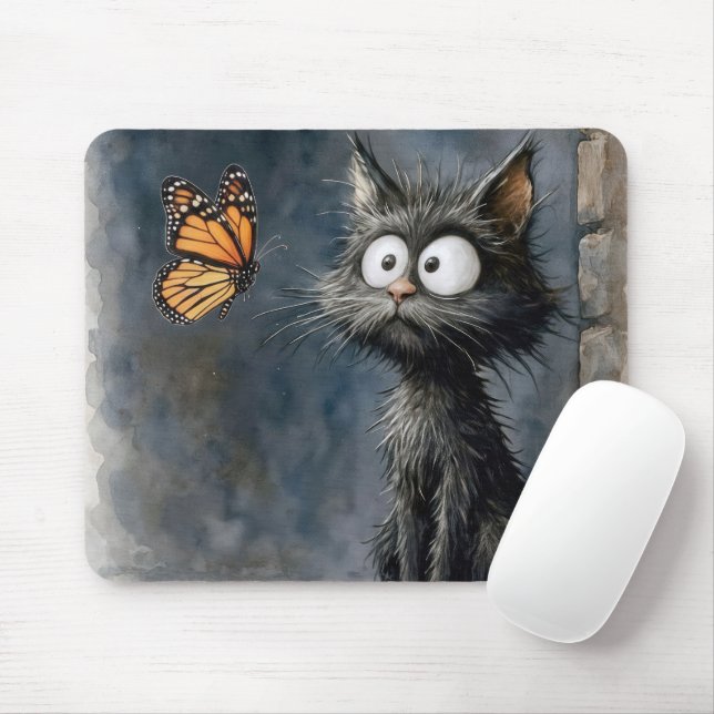 Scruffy Cat Staring at a Butterfly Mousepad (Mit Mouse)
