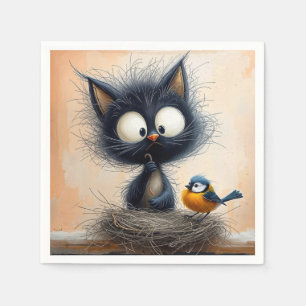 Scruffy mit Augen Katze, die einen Wurm für einen Serviette