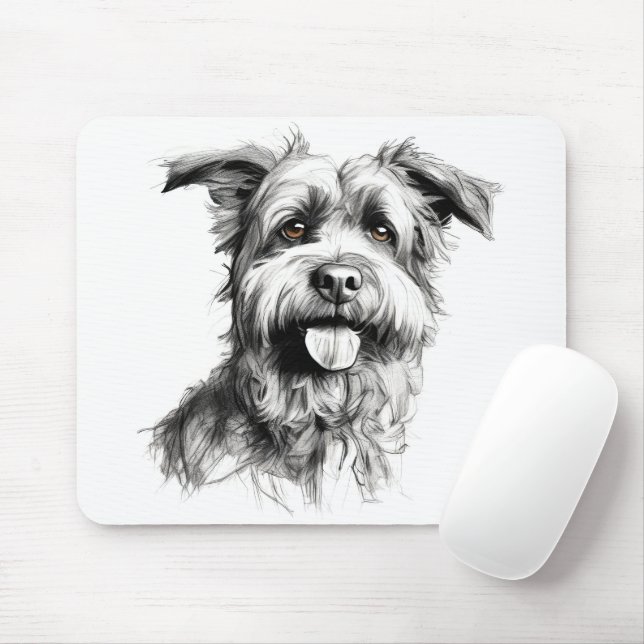 Scruffy Terrier Portrait Sketch Mousepad (Mit Mouse)