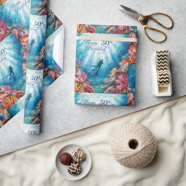 Scuba 50th birthday underwater birthday card  geschenkpapier (Kunsthandwerk)