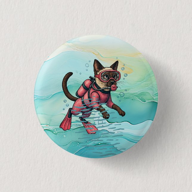 Scuba Cat taucht unter Wasser  Button (Vorderseite)