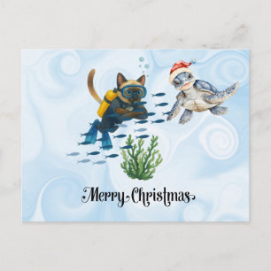 Scuba Cat Weihnachts-Tauchen mit Schildkröte Feiertagspostkarte