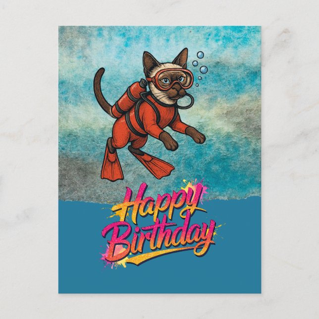 Scuba diver diving cat happy birthday  postkarte (Vorderseite)