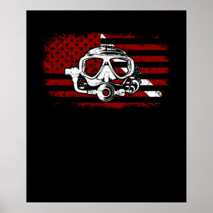 Scuba Diver Down Dive Flag Scuba Diving American F Poster