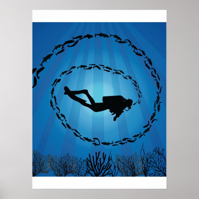 Scuba Diver in einem Fischschuss Poster (Vorne)