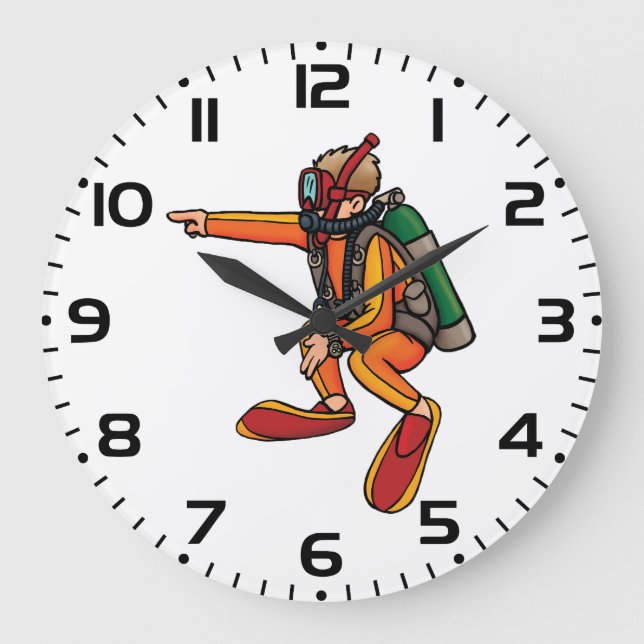 Scuba Diver in Orange Wetsuit Pointing Große Wanduhr (Vorderseite)