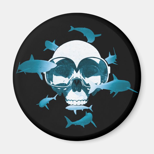 Scuba Diving Skull and Sharks Graphic Design Magnet (Vorne)