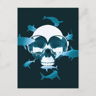 Scuba Diving Skull and Sharks Graphic Design Postkarte