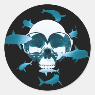Scuba Diving Skull and Sharks Graphic Design Runder Aufkleber