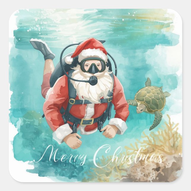 Scuba Santa Underwater Merry Christmas Quadratischer Aufkleber (Vorderseite)