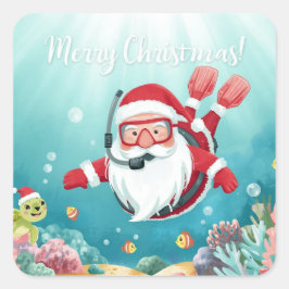 Scuba Santa Underwater Merry Christmas Quadratischer Aufkleber