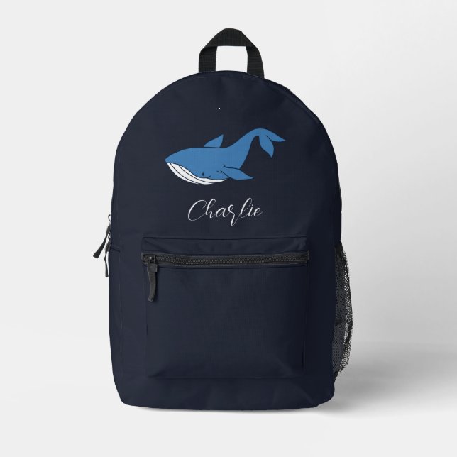 Sea Animal Blue Whale Script Monogram Custom Bedruckter Rucksack (Vorderseite)