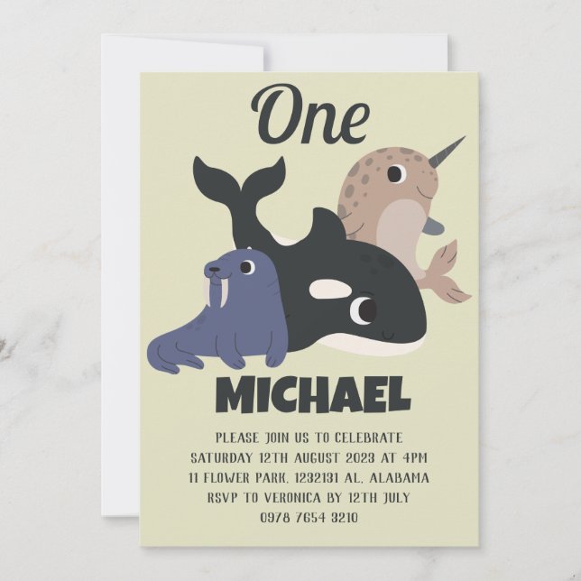 Sea Animes Einfache moderne Niedliche First Birthd Einladung (Vorderseite)