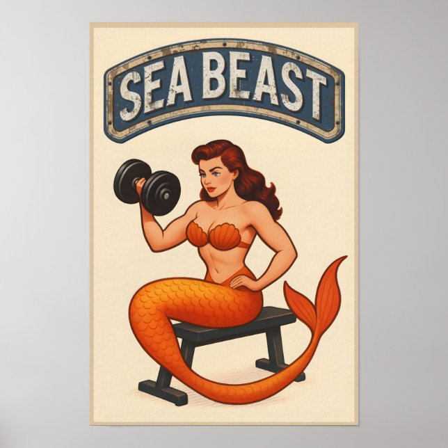Sea Beast Gym Mermaid | Retro Pin-Up Fitness Art Poster (Vorne)