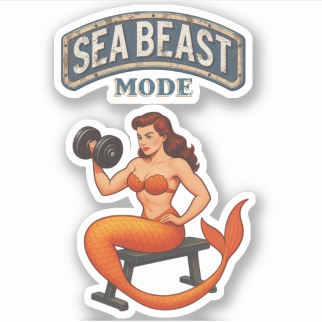 Sea Beast Mode Mermaid - Retro Pin-Up Gym Fitness Aufkleber (Vorderseite)