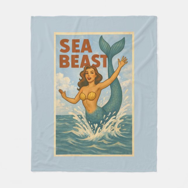 Sea Beast Retro Mermaid | Funny Coastal Beach Blue Fleecedecke (Vorderseite)