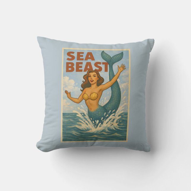 Sea Beast Retro Mermaid | Funny Coastal Beach Blue Kissen (Vorderseite)
