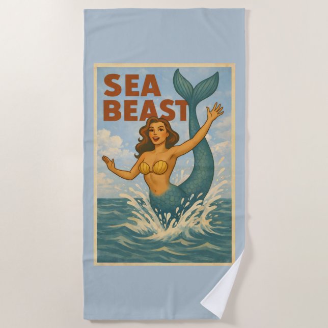 Sea Beast Retro Mermaid | Funny Coastal Beach Blue Strandtuch (Vorderseite)