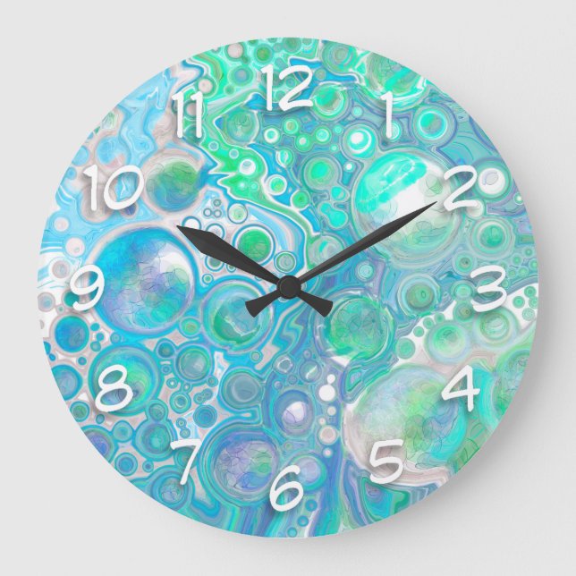 Sea Blue Abstrakt Bubbles Große Wanduhr (Vorderseite)