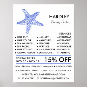 Sea Blue Beach Starfish, Beautician, Schönheitssal Poster