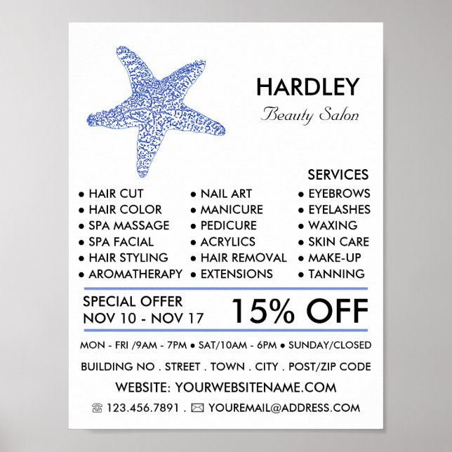 Sea Blue Beach Starfish, Beautician, Schönheitssal Poster (Vorne)