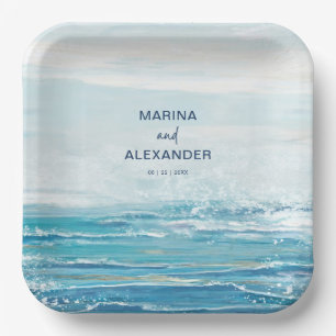 Sea Blue Beach Waves Coastal Watercolor Hochzeit Pappteller