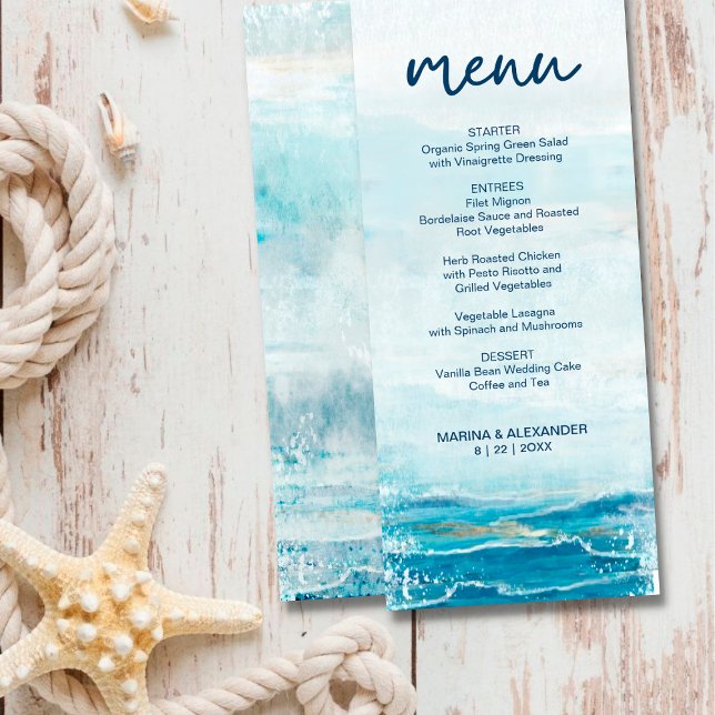 Sea Blue Beach Waves Watercolor Coastal Wedding Menükarte (Von Creator hochgeladen)