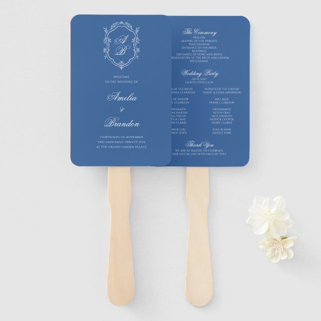 Sea Blue Botanical Monogram Wappen Wedding Program Fächer (Vorne und Hinten)