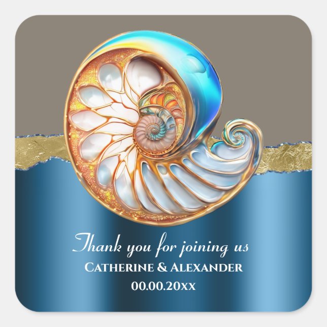 Sea Blue Gold Conch Shell Thank You Quadratischer Aufkleber (Vorderseite)