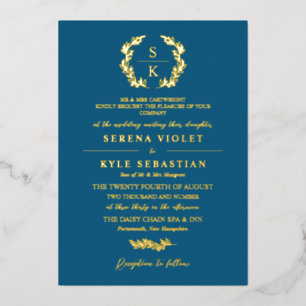 Sea Blue Gold Typografy Wreath Monogram Wedding Folieneinladung
