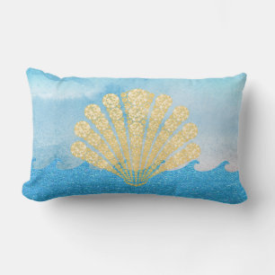 Sea Blue Sparkling Waves Gold Diamond Seashell Lendenkissen
